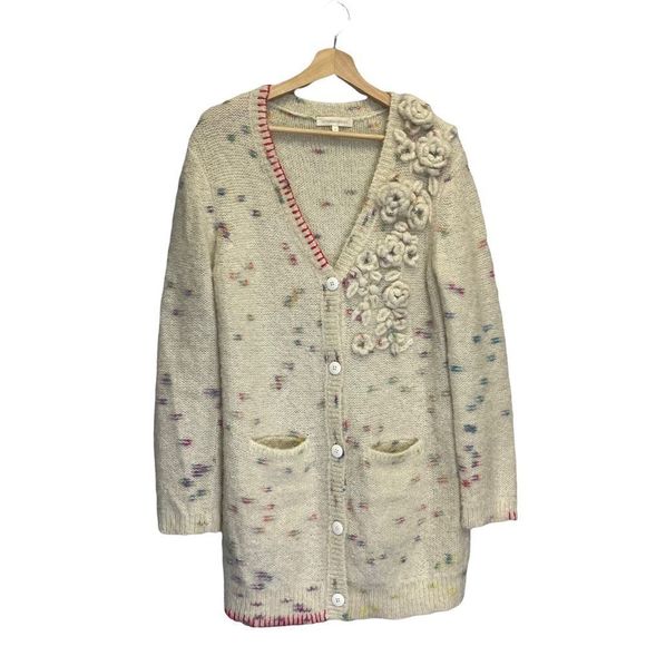 LoveShackFancy Emmanuelle Cardigan Moonrise Sweater Alpaca S Cream Long Flowers - Picture 6 of 14